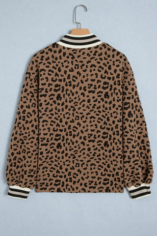 Brown Leopard Print Striped Trim Collar Long Sleeve Shift Pullover