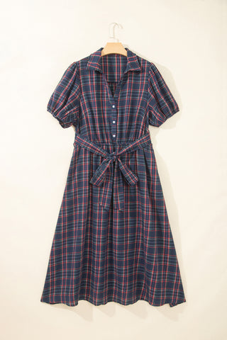 Black Plaid V Neck Belted Waist Short Sleeve Plus Size Dress
