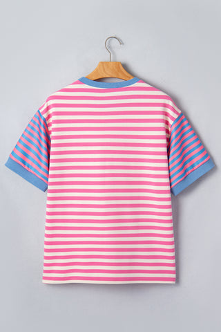 Pink Stripe Contrast Patchwork Short Sleeve Loose Tee