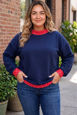 Brown Polka Dot Patchwork Round Neck Plus Size Sweatshirt