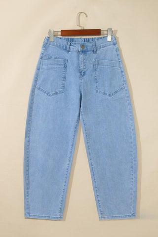 Beau Blue Solid Color Square Patch Pocket Ankle-length Barrel Jeans