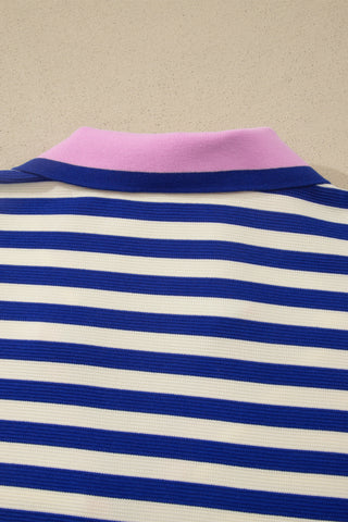 Dark Blue Striped Shift Dress Colorblock V Neck Short Sleeve Casual Summer
