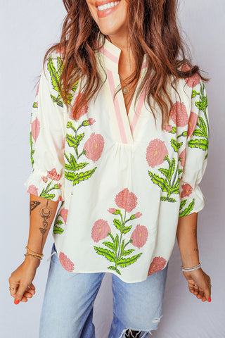 Green Casual Wild Flower Print V Neck 3/4 Sleeve Blouse