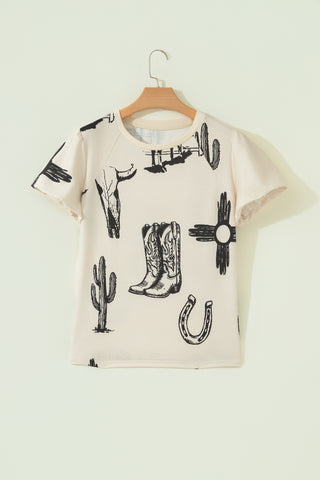 Beige Retro Western Print T Shirt