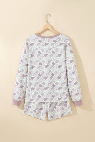 Green Camouflage Waffle Knit Long Sleeve Top Casual Shorts Set