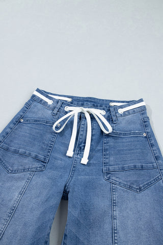 Beau Blue Solid Patchwork Grommet Tie Waist Loose Ankle-Length Jeans