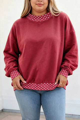 Brown Polka Dot Patchwork Round Neck Plus Size Sweatshirt