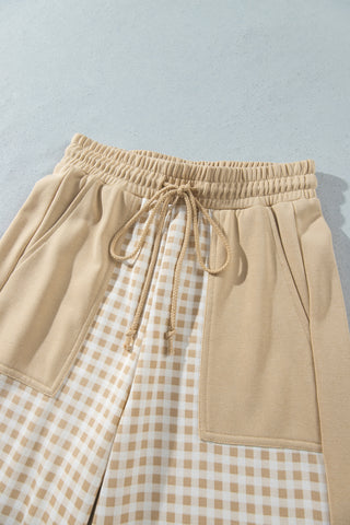 Brown Color Block Plaid Patchwork Long Sleeve Pullover Wide Leg Pant Set