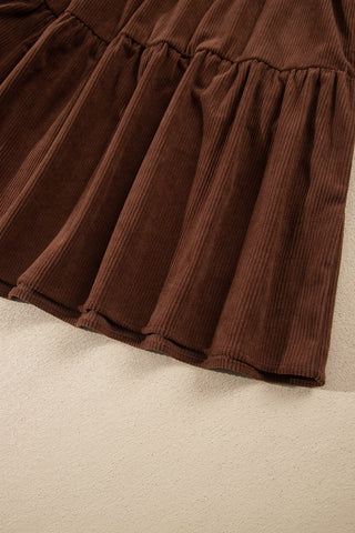 Coffee Winter Corduroy V Neck Long Sleeve Plus Size Mini Dress