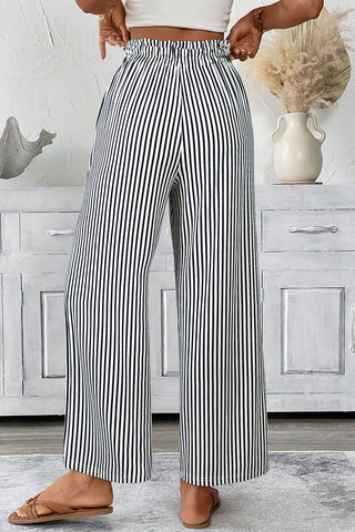 Black Stripe Tied High Waist Loose Straight Casual Pants