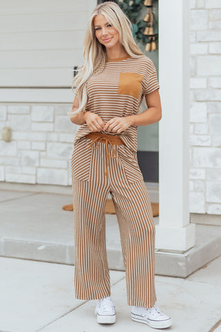 Rose Stripe Crew Neck Tee Drawstring Waist Cropped Pants Set