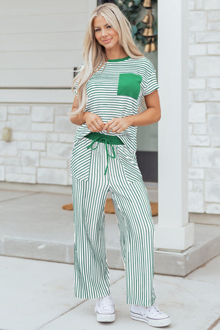 Rose Stripe Crew Neck Tee Drawstring Waist Cropped Pants Set