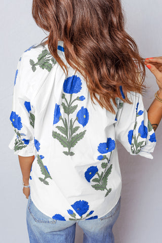 Green Casual Wild Flower Print V Neck 3/4 Sleeve Blouse