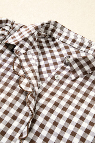Brown Plaid Knot Half Sleeve Button Down Shirt