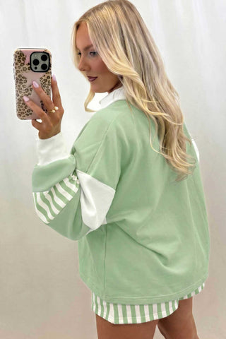 Smoke Green Striped Color Block Pullover Top Drawstring Shorts Set