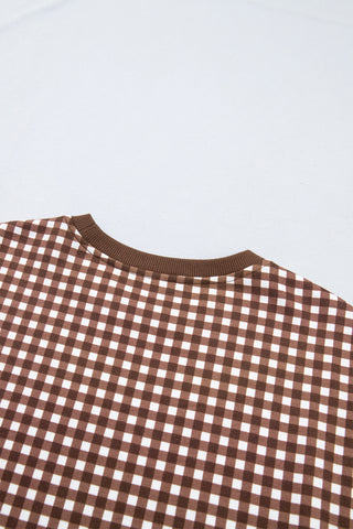 Brown Color Block Plaid Patchwork Long Sleeve Pullover Wide Leg Pant Set