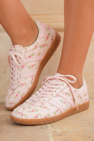 Light Blue Floral Print Lace-up PU Leather Flat Shoes