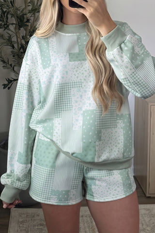 Light Pink Patchwork Floral Print Drop Shoulder Baggy Pullover Drawstring Shorts Set