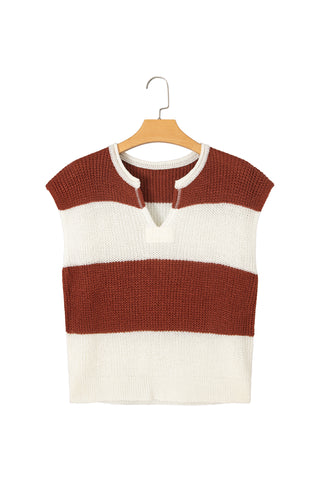 Brown Stripe Striped Colorblock Knit V Neck Short Sleeve Loose Sweater