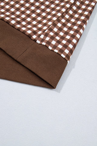 Brown Color Block Plaid Patchwork Long Sleeve Pullover Wide Leg Pant Set