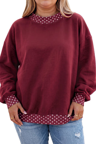 Brown Polka Dot Patchwork Round Neck Plus Size Sweatshirt