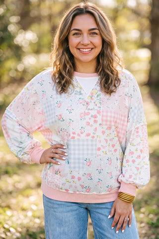 Pink Patchwork Floral Print Long Sleeve Tunic Plus Size Blouse