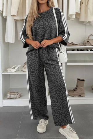 Pink Leopard Print Varsity Striped Detail 3/4 Sleeve Top Shift Pant Set