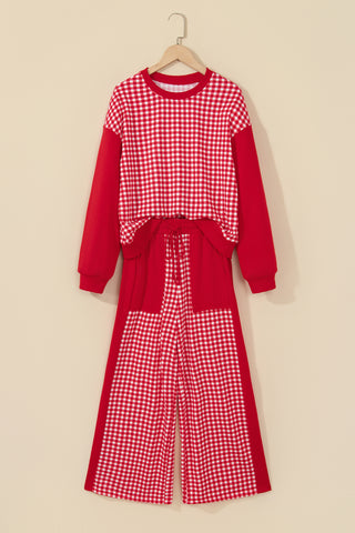 Brown Color Block Plaid Patchwork Long Sleeve Pullover Wide Leg Pant Set