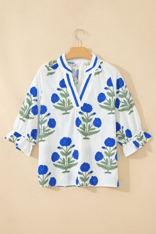 Green Casual Wild Flower Print V Neck 3/4 Sleeve Blouse