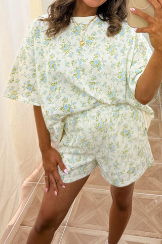 Sky Blue Floral Print Short Sleeve Elastic Waist Pocket Two Piece Set