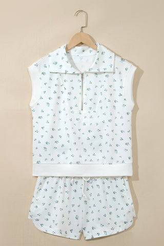 White Floral Print Half Zip Top Matching Short Set