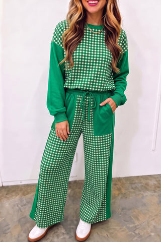 Brown Color Block Plaid Patchwork Long Sleeve Pullover Wide Leg Pant Set