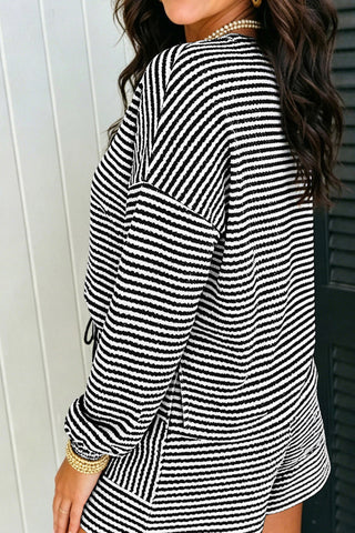 Sky Blue Stripe Textured Knit Long Sleeve Top Elastic Waist Shorts Casual Outfit