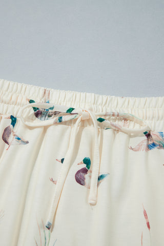 Beige Free Mallard Print Long Sleeve Top Drawstring Short Set