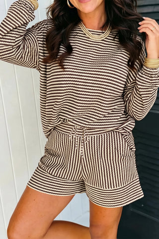 Sky Blue Stripe Textured Knit Long Sleeve Top Elastic Waist Shorts Casual Outfit