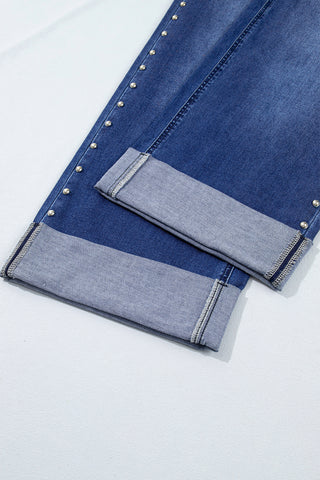 Coffee Studded Detail Straight Leg Casual Loose Jeans