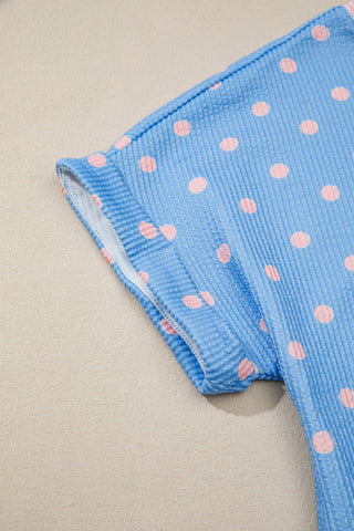 Sky Blue Raised Rib Polka Dot Print Cuffed Short Sleeve Top