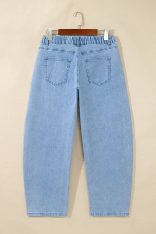 Beau Blue Solid Color Square Patch Pocket Ankle-length Barrel Jeans