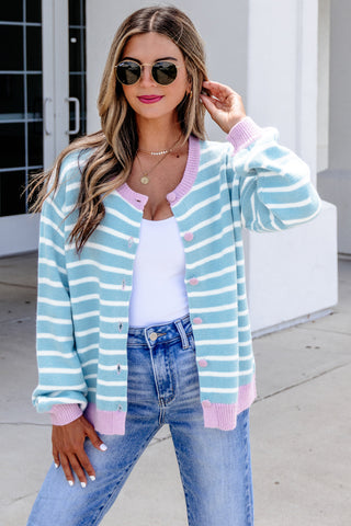 Sky Blue Stripe Striped Long Sleeve Round Neck Open Front Cardigan