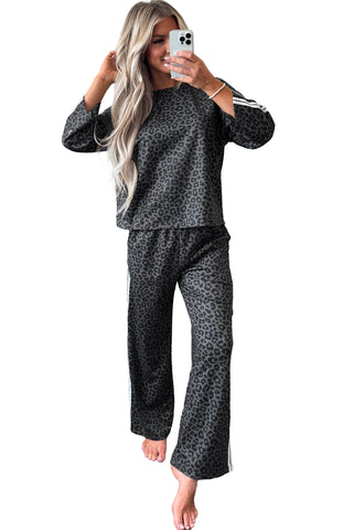 Pink Leopard Print Varsity Striped Detail 3/4 Sleeve Top Shift Pant Set