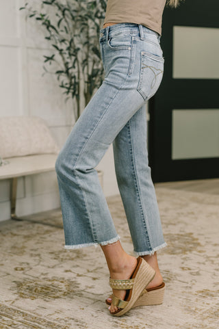 Mckaylee Mid Rise Kick Flare Jeans with Frayed Hem