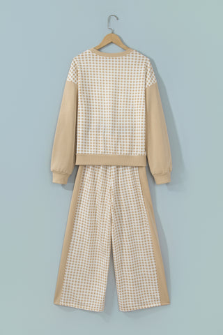 Brown Color Block Plaid Patchwork Long Sleeve Pullover Wide Leg Pant Set