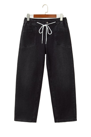 Black Drawstring Waist Ankle Length Casual Jeans Regular Fit Pocket Detail Denim Pants