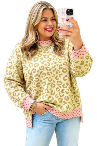 Brown Plus Size Leopard Print Contrast Polka Dot Trim Long Sleeve Top