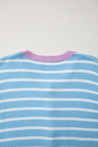 Sky Blue Stripe Striped Long Sleeve Round Neck Open Front Cardigan