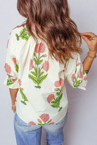 Green Casual Wild Flower Print V Neck 3/4 Sleeve Blouse