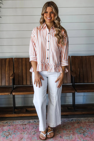 Khaki Stripe Collar Button Front Bracelet Sleeve Ruffle Hem Shirt