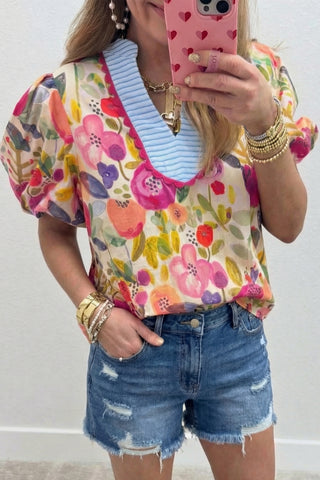 Rose Floral Print V Neck Short Puff Sleeve Cotton Blouse