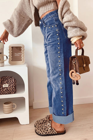 Coffee Studded Detail Straight Leg Casual Loose Jeans