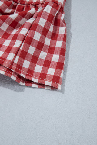 Red 3/4 Sleeve Shirred Plaid Peplum Top